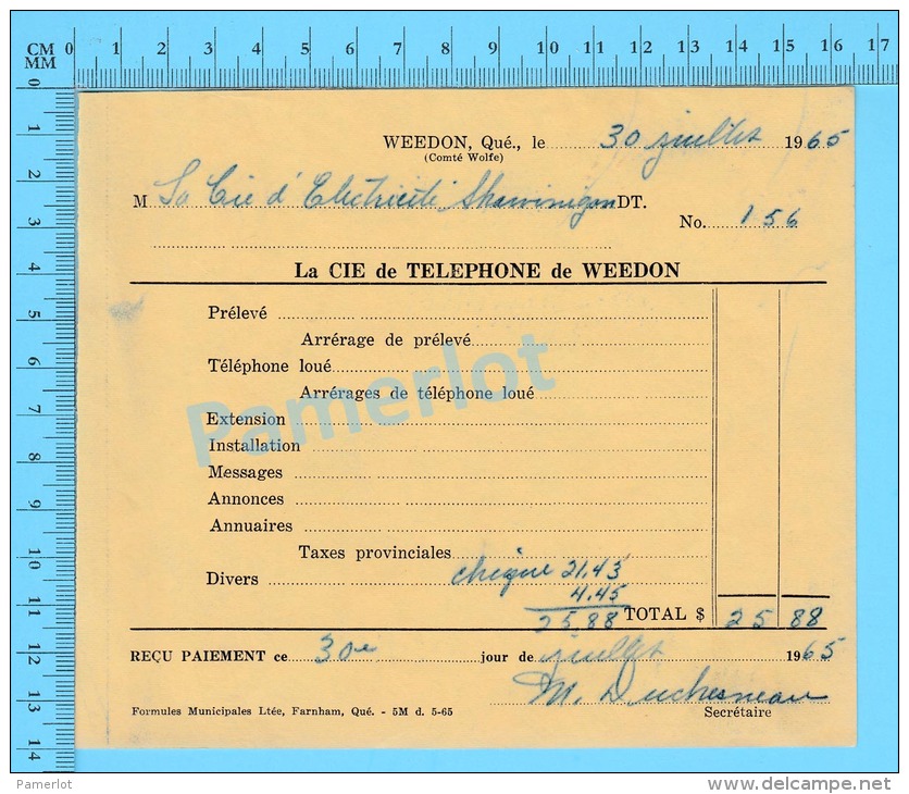 Facture 1965 à ( La Cie D'Électricité Shawinigan"  Par La Cie De Téléphone De Weedon P. Quebec Canada" ) - Canada