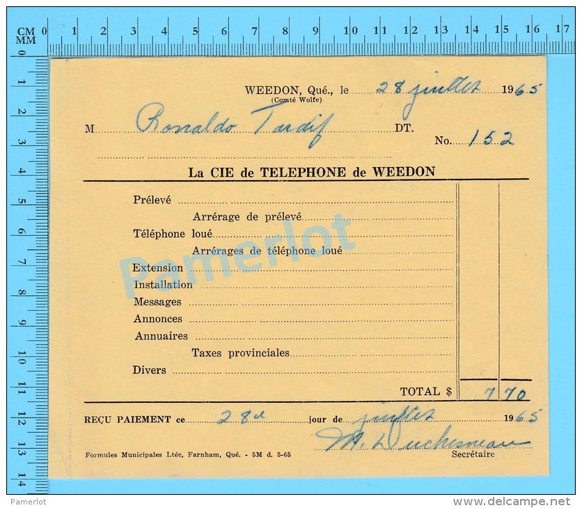 Facture 1965 à ( M. Rénaldo Tardif  "  Par La Cie De Téléphone De Weedon P. Quebec Canada" ) - Kanada