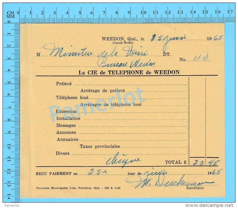 Facture 1965 à ( Ministère De La Voirie Bureau Weedon "  Par La Cie De Téléphone De Weedon P. Quebec Canada" ) - Canadá