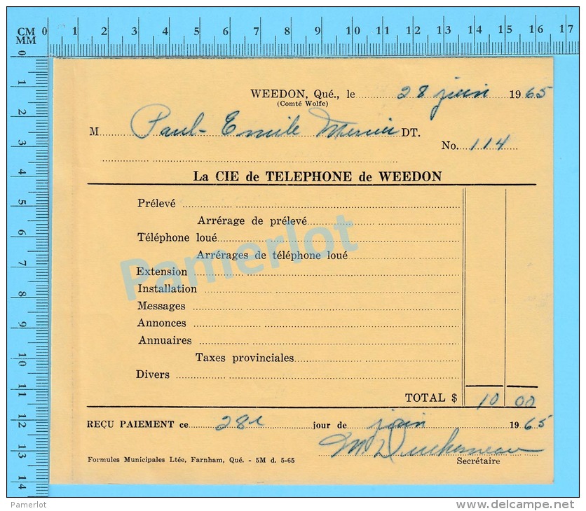 Facture 1965 à ( M. Paul-Emile Mercier "  Par La Cie De Téléphone De Weedon P. Quebec Canada" ) - Canada