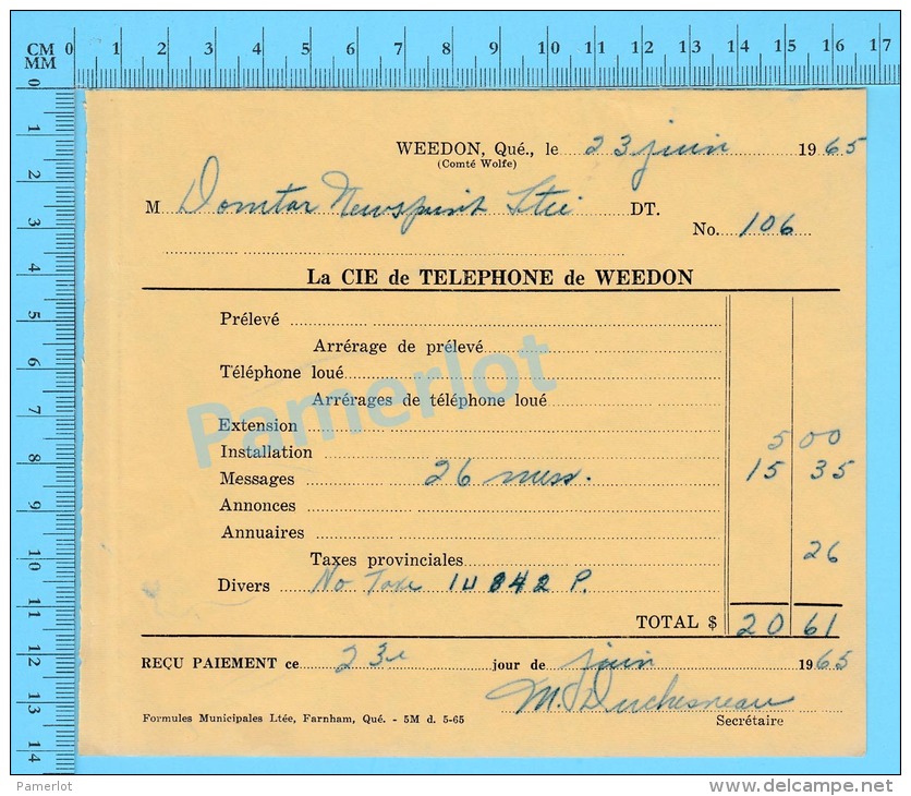 Facture 1965 à ( Domtar Newsprint Ltée "  Par La Cie De Téléphone De Weedon P. Quebec Canada" ) - Canada