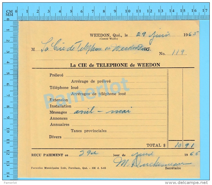 Facture 1965 à ( La Compagnie De Télphone De Weedon "  Par La Cie De Téléphone De Weedon P. Quebec Canada" ) - Canada