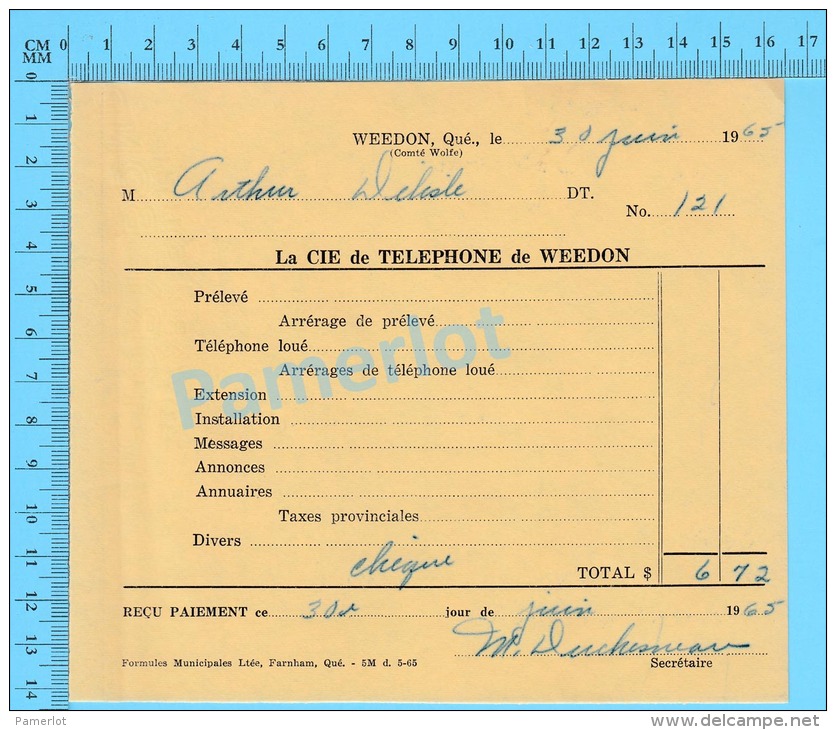 Facture 1965 à ( M. Arthur Delisle "  Par La Cie De Téléphone De Weedon P. Quebec Canada" ) - Kanada