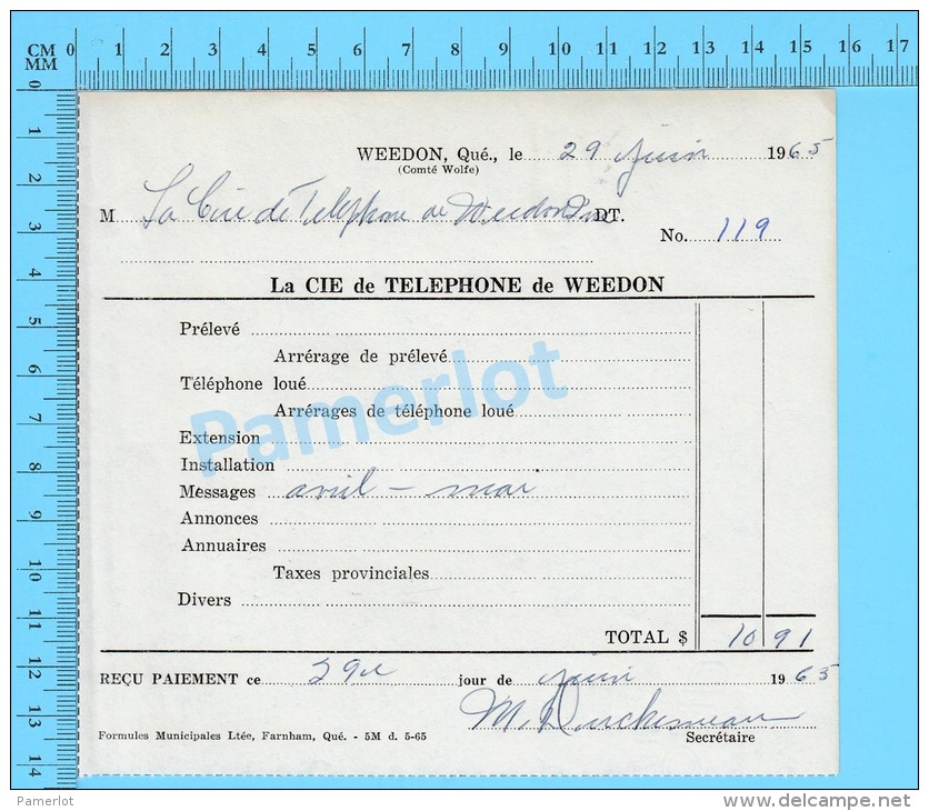 Facture 1965 à ( La Compagnie De Télphone De Weedon "  Par La Cie De Téléphone De Weedon P. Quebec Canada" ) - Kanada