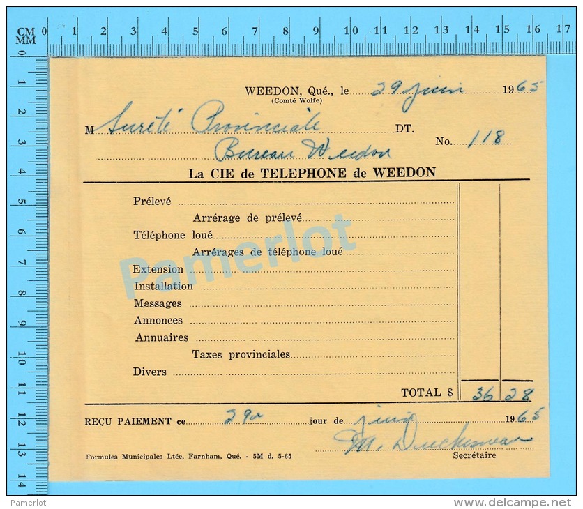 Facture 1965 à ( Sureté Provinciale Bureau Weedon "  Par La Cie De Téléphone De Weedon P. Quebec Canada" ) - Canada