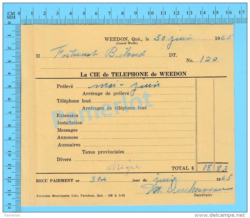 Facture 1965 à ( M Fortunat Béland "  Par La Cie De Téléphone De Weedon P. Quebec Canada" ) - Canadá