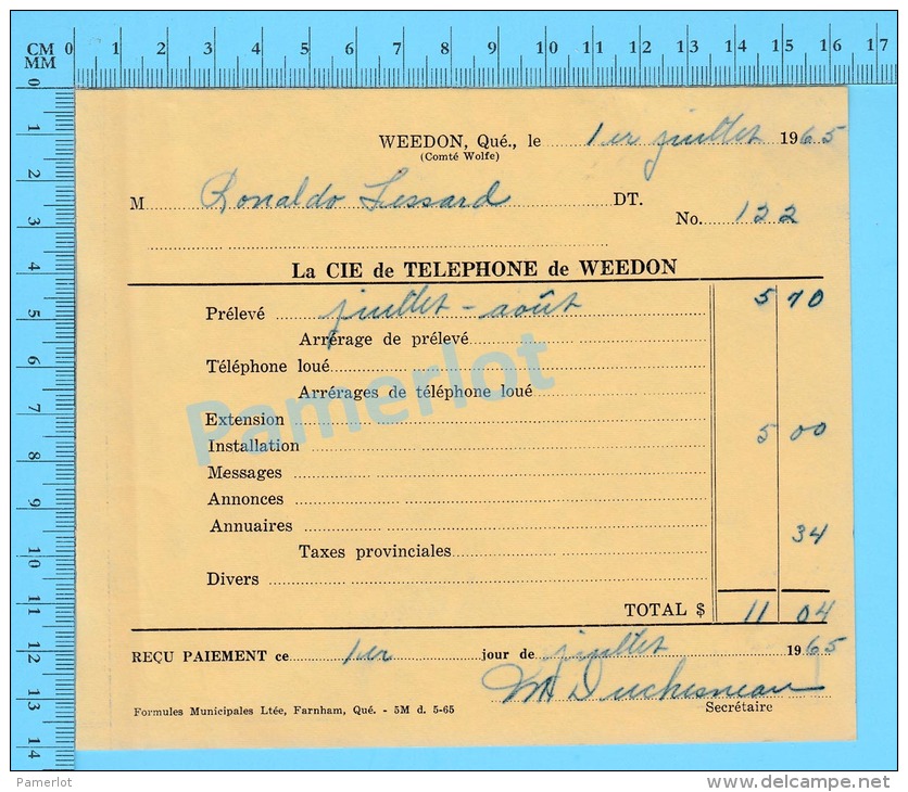 Facture 1965 à ( M Ronaldo Lessard "  Par La Cie De Téléphone De Weedon P. Quebec Canada" ) - Kanada