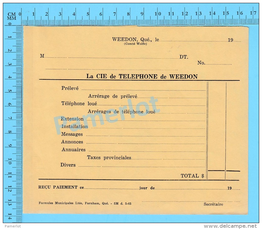 Facture 1965 à ( Blanc "  Par La Cie De Téléphone De Weedon P. Quebec Canada" ) - Kanada