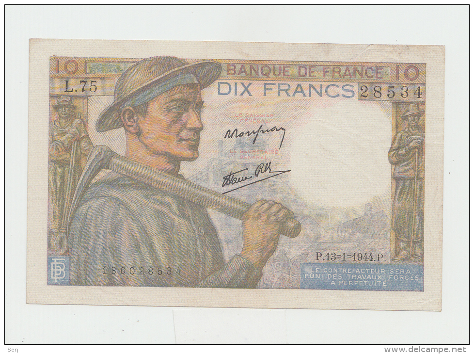 FRANCE 10 FRANCS 1944 VF+ Pick 99e 99 E - 10 F 1941-1949 ''Mineur''