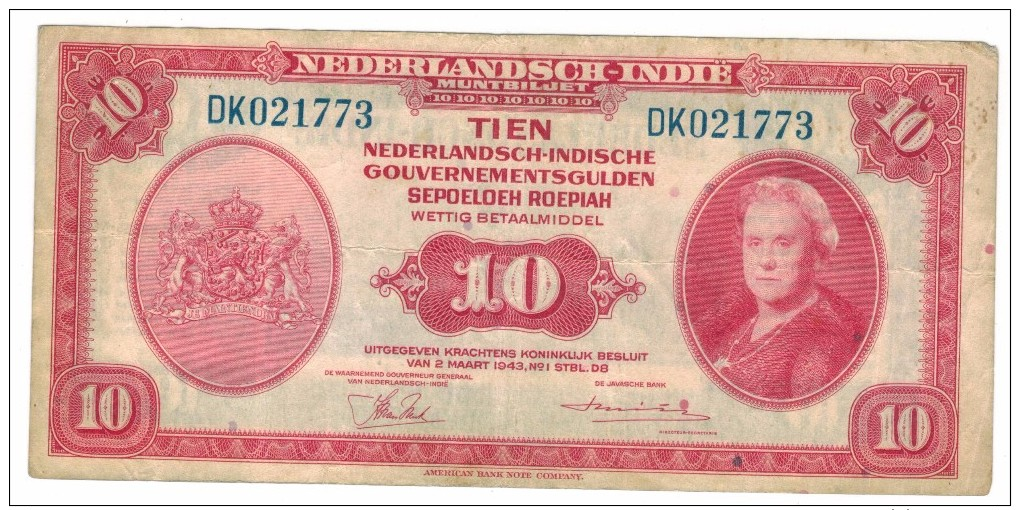 Netherland Indies, 10 Gulden 1943, F/VF.  RARE,  FREE SHIP. TO USA. - Dutch East Indies