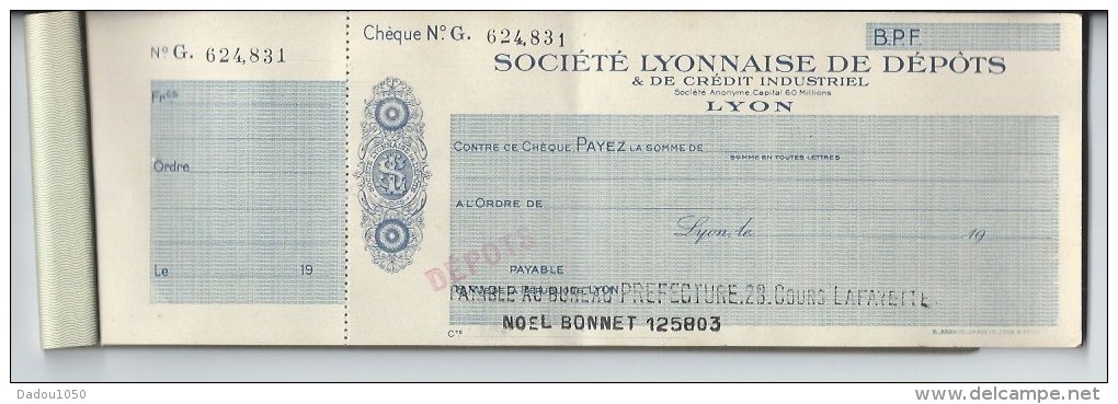 Carnet  Cheques, Société Lyonnaise De Dépots 1943 - Chèques & Chèques De Voyage