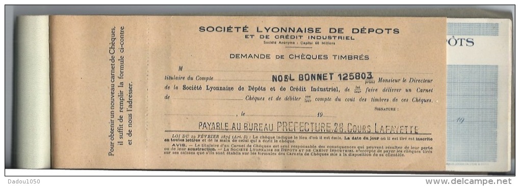 Carnet  Cheques, Société Lyonnaise De Dépots 1943 - Assegni & Assegni Di Viaggio