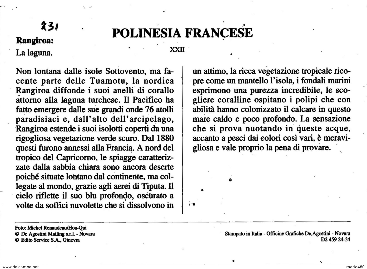 POLINESIA   RANGIROA:  LA  LAGUNA      (NUOVA CON DESCRIZIONE DEL SITO SUL RETRO) - Polinesia Francese