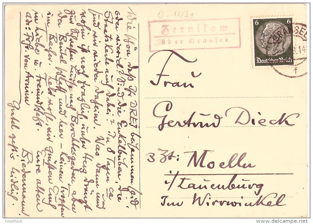 ZERNIKOW Bei Gransee Mark Gutshaus Autograf Freifrau Von Arnim Landpost 31.7.1939 Gelaufen Landpost Nebenstempel - Gransee