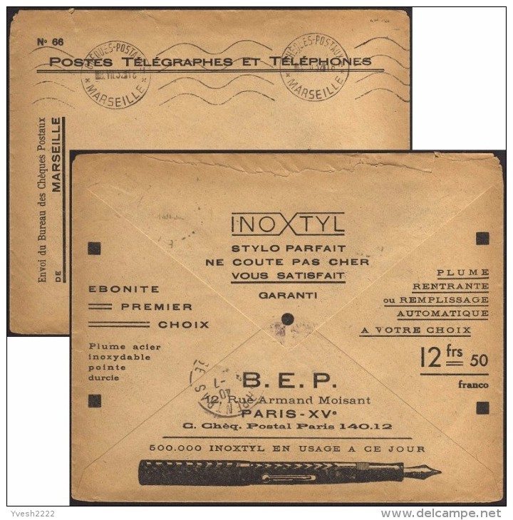 France 1932. Enveloppe En Franchise Des Chèques Postaux. Inoxtyl, Stylo Parfait. Ébonite, Plume Acier Inoxydable - Chemie