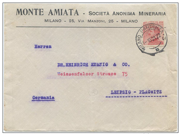 1921 MICHETTI C. 60 BUSTA INTESTATA MONTE AMIATA SOCIETÀ ANONIMA MINERARIA X GERMANIA 1.10.21 (6512) - Storia Postale