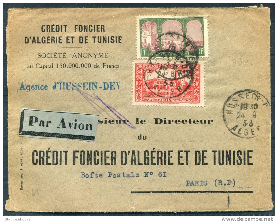 1936 France Algeria Credit Foncier D'Agerie Et De Tunisie Par Avion Agence D'Hussein-Dey Cover - Paris - Covers & Documents