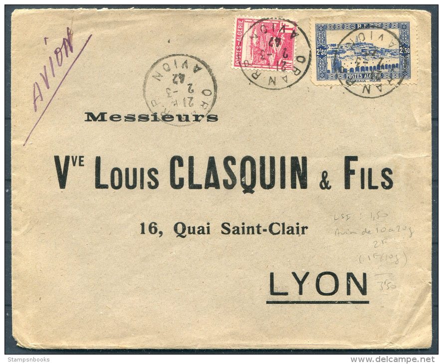 1942 France Algeria Oran Cover - Vve Louis Clasquin &amp; Fils Lyon - Covers & Documents