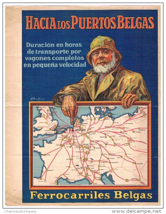 Affichette Publicitaire C1930, Chemins De Fer Belges / Ferrocarriles Belgas Illustrée Par R. Berckmans - 2 Scans - Eisenbahnverkehr