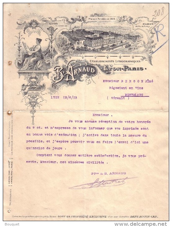 RHÔNE - LYON - PARIS - ART NOUVEAU - FEMME - IMPRIMERIE - ETABLISSEMENTS LITHOGRAPHIQUES - B. ARNAUD - LETTRE - 1913 - Imprimerie & Papeterie