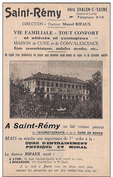 SAINT-REMY - 71100 - MAISON CURE Et CONVALESCENCE - PUBLICITE 1938 - Publicités
