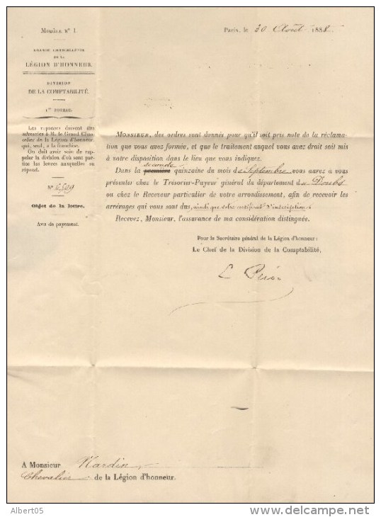 Cachet Grand Chancelier De La Légion D´Honneur - Retour Envoyeur 611 Sur Lettre Du 30 Août 1888 - 1877-1920: Période Semi Moderne