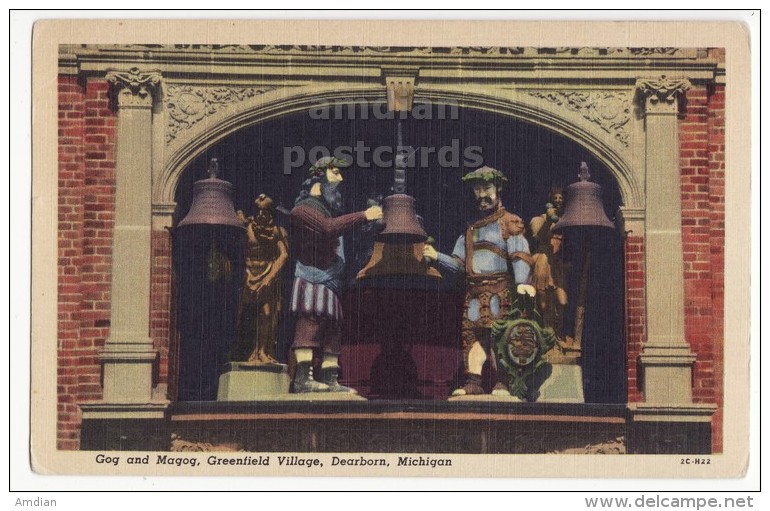 DEARBORN MICHIGAN MI GREENFIELD VILLAGE~GOG AND MAGOG~SHOP CLOCK FIGURES~1950s Postcard [5870] - Dearborn