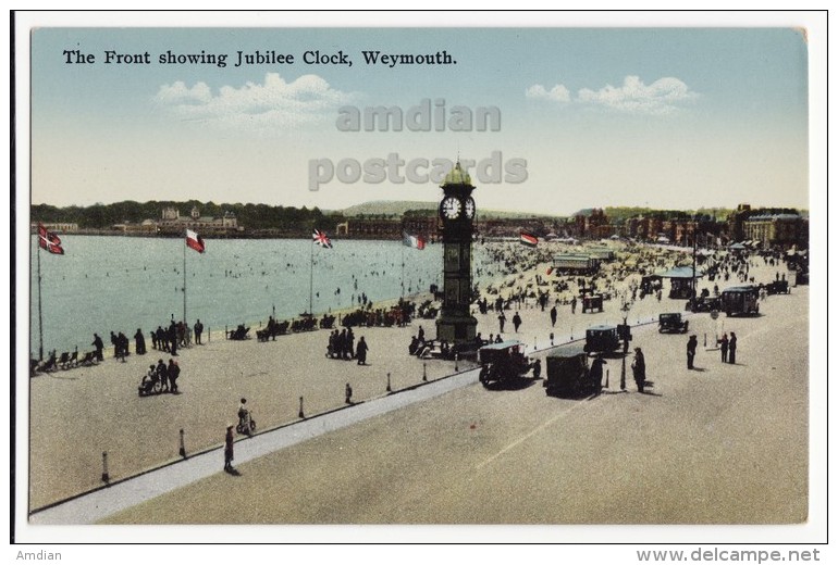 UK ENGLAND - WEYMOUTH DORSET - THE FRONT SHOWING JUBILEE CLOCK - PROMENADE-PEOPLE-CARS C1910-20s Unused Vintage Postcard - Weymouth