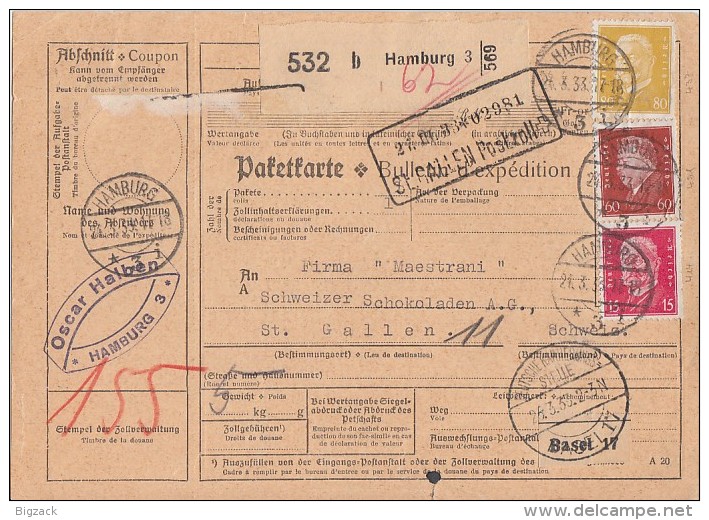 DR Paketkarte Mif Minr. 414,421,437 Hamburg 21.3.33 Gel. In Schweiz - Briefe U. Dokumente