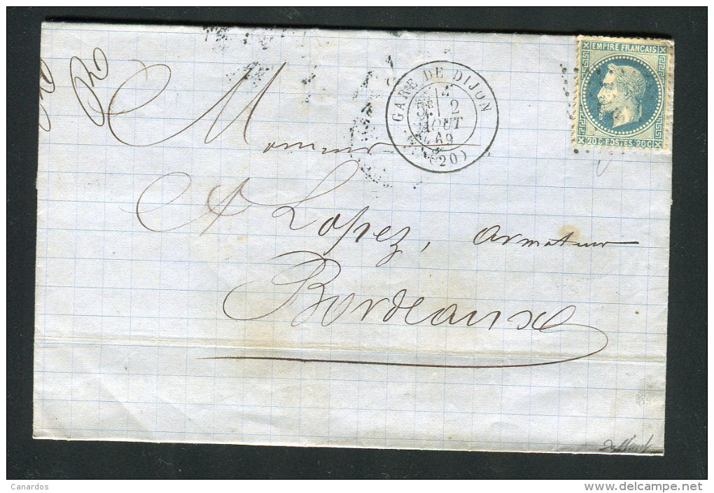 Lettre De La Gare De Dijon Pour Bordeaux 1869 - Cachet Ambulant MP - 1849-1876: Période Classique