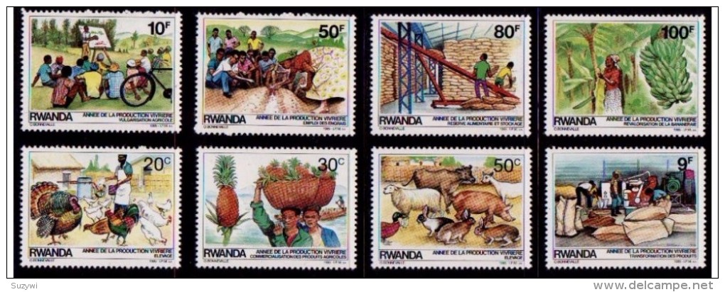 Rwanda**FARMING-CATTLE-ANANAS-BANANAS-GRAIN-8vals-MNH-1985-cow-pig-rabbit-duck-chicken-turkey-wheat - Nuevos