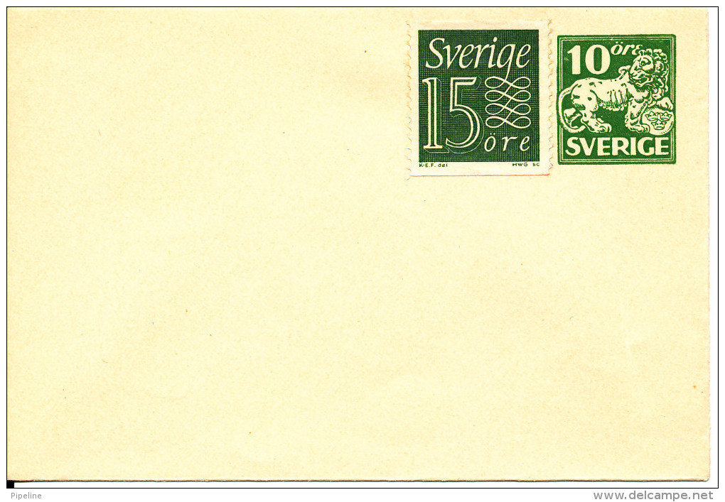 Sweden Small Postal Stationery Cover 10 öre Green Uprated With 15 öre Stamp In Mint Condition - Postal Stationery