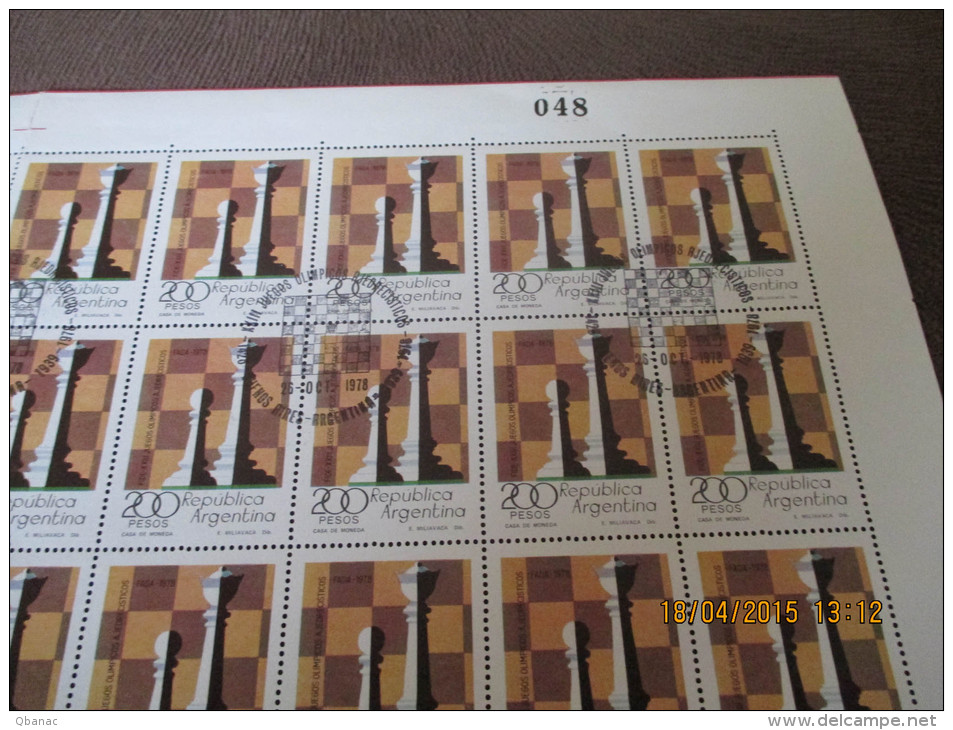 CHESS. Complete Sheet Of  50 Copies  Of Argentina 1978 Chess Stamp Canceled With Chess Olympiad Postmarks Buenos Aires - Ongebruikt