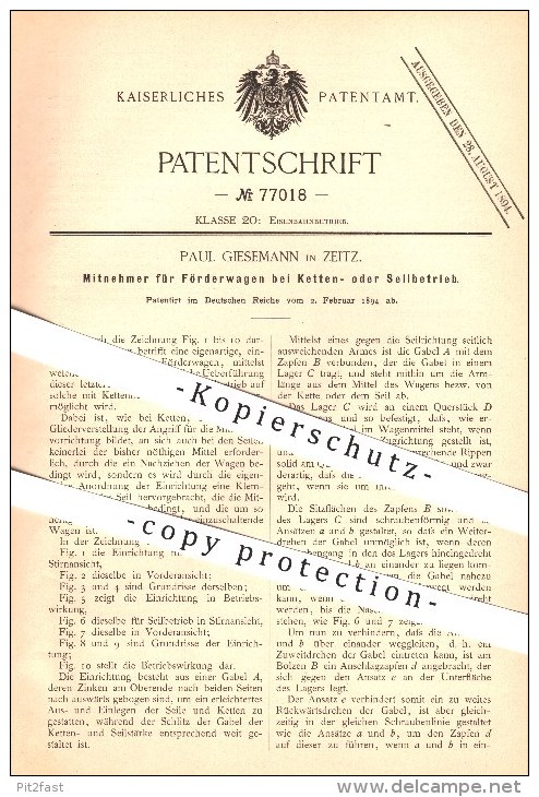 Original Patent - Paul Giesemann In Zeitz , 1894 , Mitnehmer Für Förderwagen Bei Ketten- Oder Seilbetrieb !!! - Zeitz