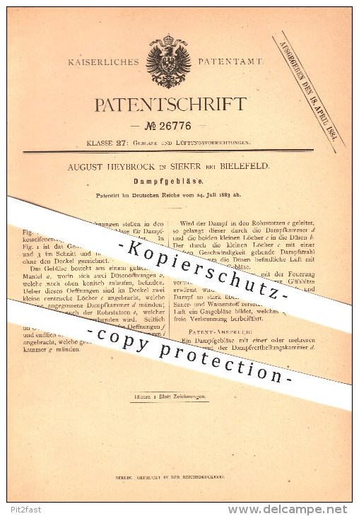 Original Patent - August Heybrock In Sieker Bei Bielefeld , 1883 , Dampfgebläse , Gebläse !!! - Bielefeld