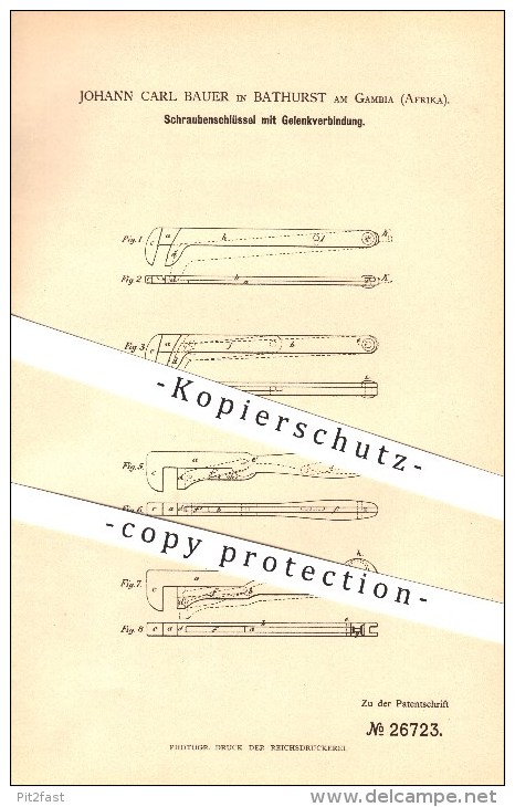 Original Patent - J.C. Bauer In Bathurst Am Gambia , Afrika , 1883 , Schraubenschlüssel Mit Gelenkverbindung , Banjul !! - Gambie