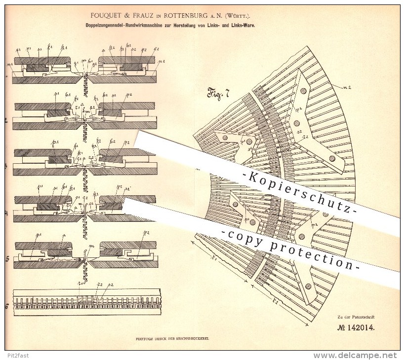 Original Patent - Fouquet & Frauz In Rottenburg A. N. , 1902 , Doppelzungennadel-Rundwirkmaschine , Stricken , Nähen !!! - Rottenburg