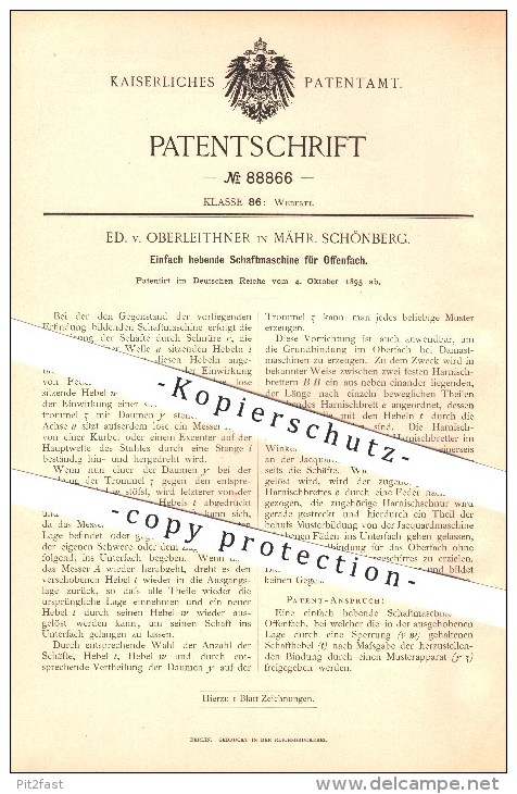 Original Patent - Ed. V. Oberleithner In Mährisch Schönberg / Sumperk , 1895 , Schaftmaschine Für  Weber !!! - Böhmen Und Mähren