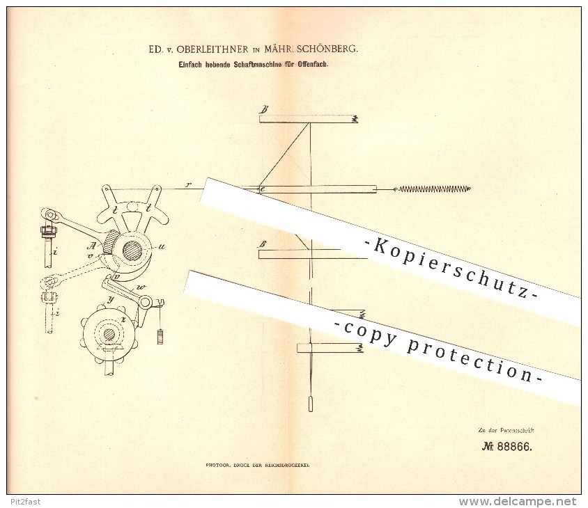 Original Patent - Ed. V. Oberleithner In Mährisch Schönberg / Sumperk , 1895 , Schaftmaschine Für  Weber !!! - Böhmen Und Mähren