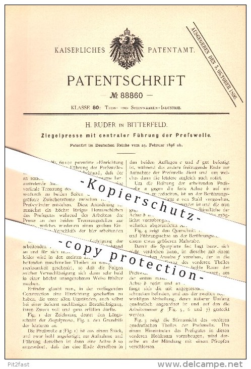 Original Patent - H. Ruder In Bitterfeld , 1896 , Ziegelpresse Mit Presswelle , Bitterfeld-Wolfen !!! - Bitterfeld