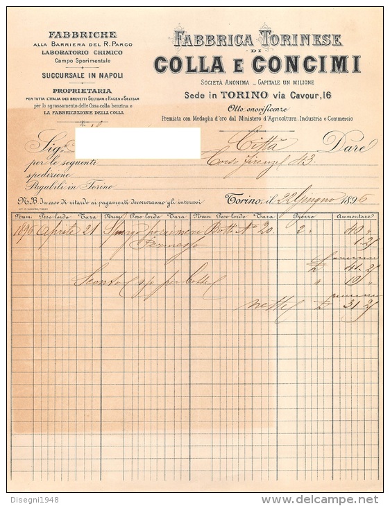 03348 "TORINO -  FABBRICA TORINESE COLLA E CONCIMI S. A." ELENCO FORNITURE, SU CARTA INTESTATA ORIGINALE - Italia