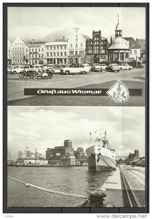 Germany, Wismar, Market Place,Harbor,Old Mopeds, Cars, Ship,1976. - Wismar