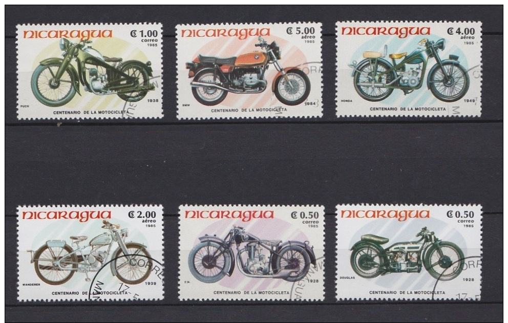 Lot 2 - Série De Timbres Oblitérés - Nicaragua 1985 - Motos Motorbikes - Centenaire De La Motocyclette - Moto