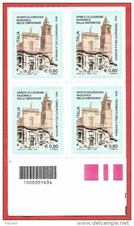 ITALIA REPUBBLICA QUARTINA BARRE SX MNH - 2015 - Centenario Del Terremoto Della Marsica - € 0,80 - S. ---- - Codici A Barre