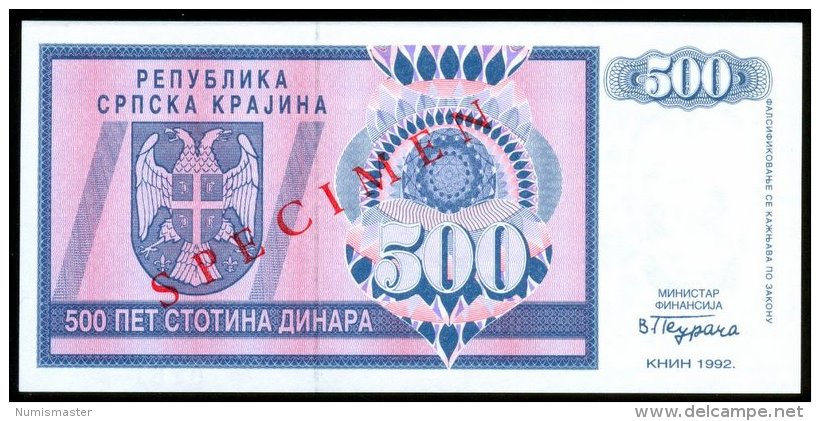 CROATIA , SERB KRAINA , 500 DINARA 1992 , P-R4 , UNC SPECIMEN - Croatie