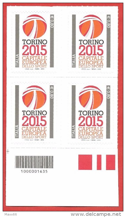 ITALIA REPUBBLICA QUARTINA BARRE SX MNH - 2015 - Torino Capitale Europea Dello Sport 2015 - € 0,80 - S. ---- - Codici A Barre