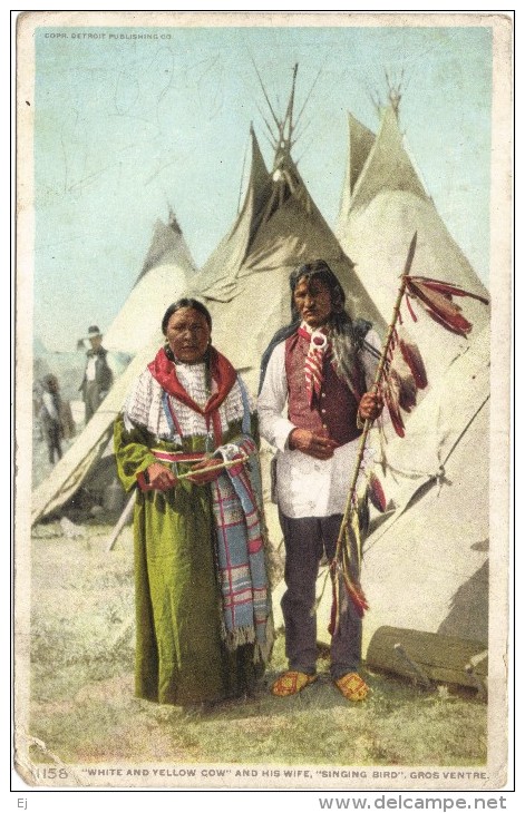 White And Yellow Cow And His Wife Singing Bird Gros Ventre - Native Americans Colour Postcard Unused - Amérique