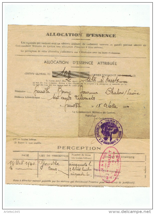 CERTIFICAT DE RAPATRIEMENT  &  ALLOCATION D'ESSENCE SOUS CONTROLE ALLEMAND  Le 15 10 1940 - 1939-45