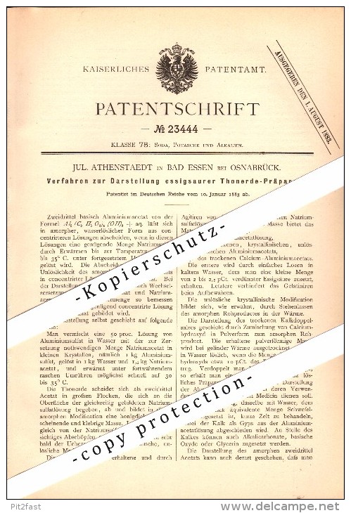 Original Patent - Jul. Athenstaedt In Bad Essen B. Osnabrück , 1883 , Darstellung Essigsaurer Thonerde !!! - Bad Essen