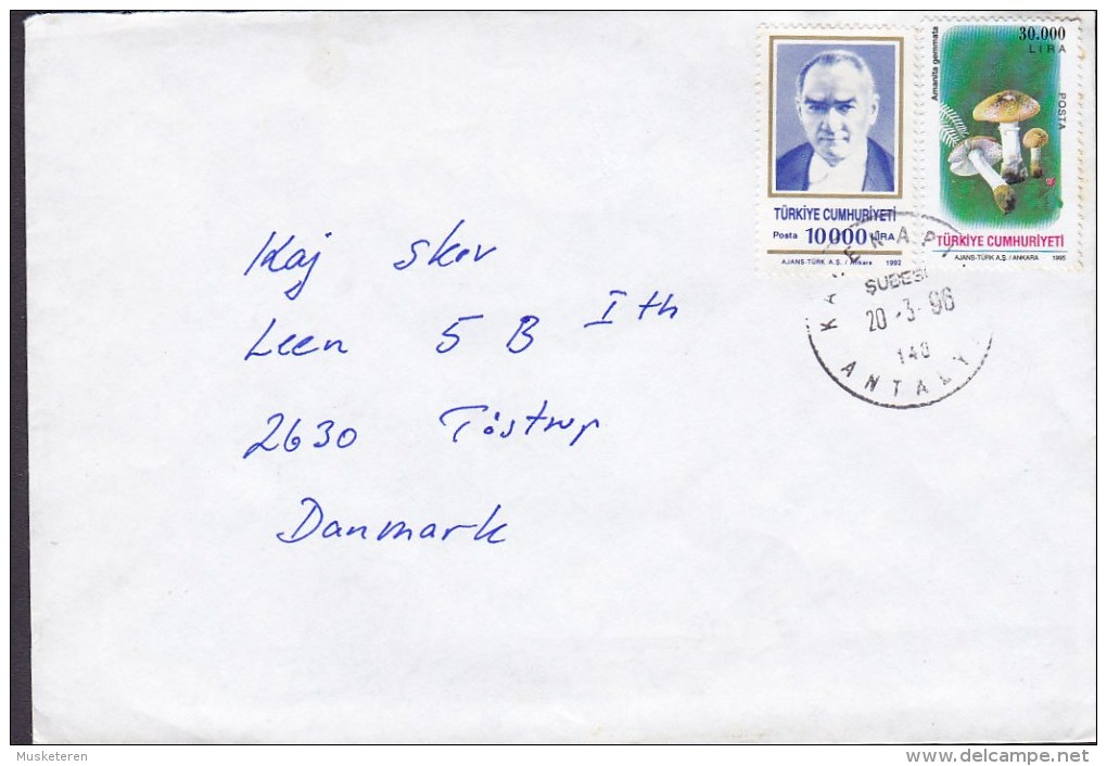 Turkey ANTALY 1996 Cover Lettera TÅSTRUP Denmark 10.000 Lira Atatürk & Mushroom Pilze Poisonous Stamps - Lettres & Documents